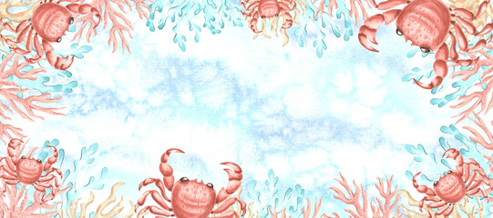 Crabs and corals on wave background. Hand drawn watercolor illustration. Template postcard with copy space. Underwater reef animals. Mediterranean, tropical sea. Clipart for frame, invitation, website
