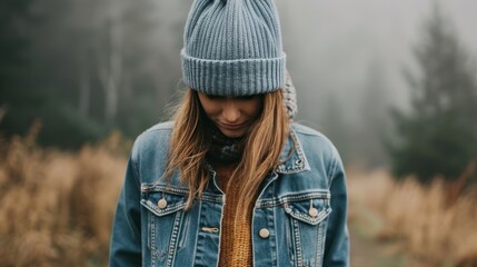 A woman wearing a knitted hat and denim jacket stands in a misty forest, showcasing a cozy outdoor fashion look.