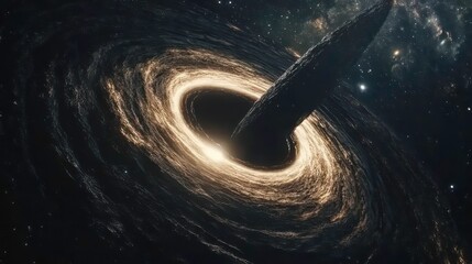 A black hole surrounded by swirling cosmic matter in a vast galaxy.