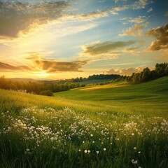 Naklejka premium Sunset over a lush, green spring meadow 