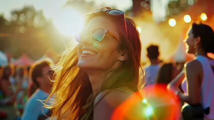 A smiling girl having fun on an outdoor festival in summer. Music concert. People on the background. 