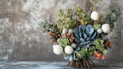 Beautiful succulent bouquet with various plants on rustic table
