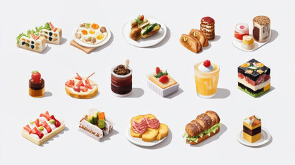 Assorted illustration of gourmet breakfast and pastry selection on white background