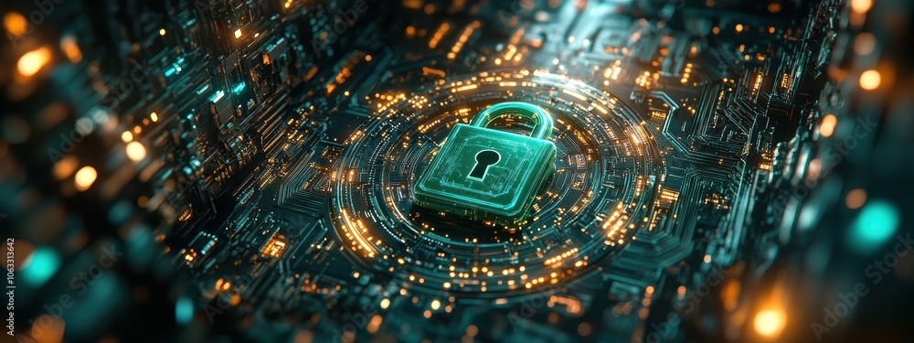Poster digital security concept with glowing lock and circuit board background representing cybersecurity a