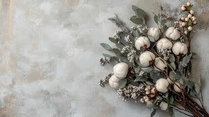 Obraz premium Elegant bouquet of cotton branches and flowers on textured background