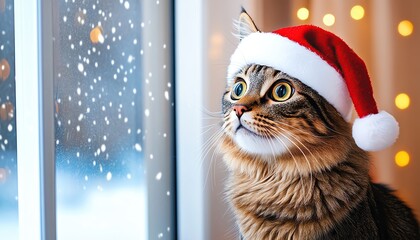 Cat wearing a Santa hat, sitting by a window with snowflakes falling outside, warm indoor scene with holiday lights, capturing the cozy winter feeling in high definition 8K