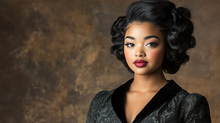 Fototapeta premium A portrait of a young woman with elegant vintage hairstyle and makeup, set against a soft brown background, radiating confidence and beauty.
