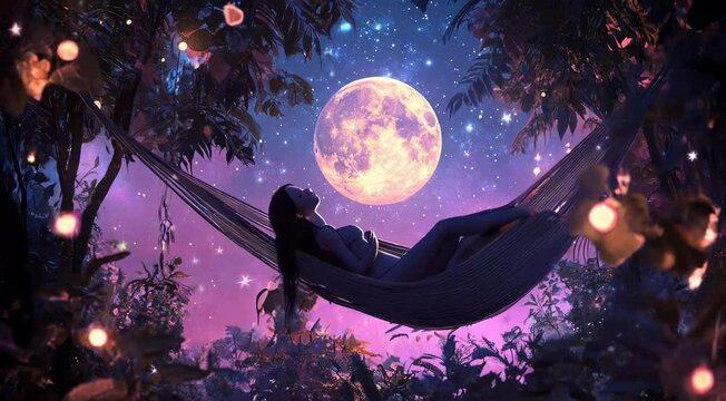a girl in a hammock against the background of the moon and the starry sky
