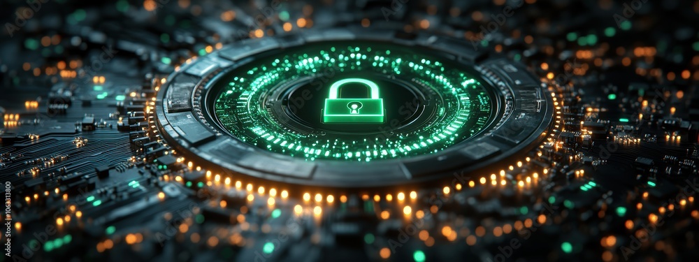 Poster digital circuit board with glowing lock symbol representing cybersecurity and data protection techno
