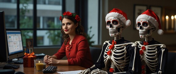 Office Holiday Spirit with a Touch of the Macabre: A woman in a festive red dress and Santa hat works at her desk, while two skeletons in Santa hats, one with a festive flower crown, loom behind her.