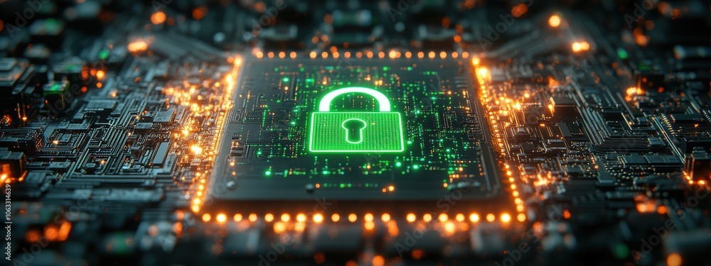 Poster futuristic cybersecurity concept with glowing lock icon on circuit board representing data protectio