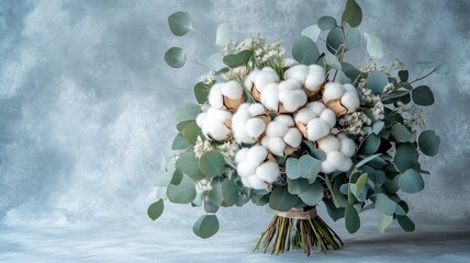 Bouquet of cotton flowers with eucalyptus leaves on blue, textured background