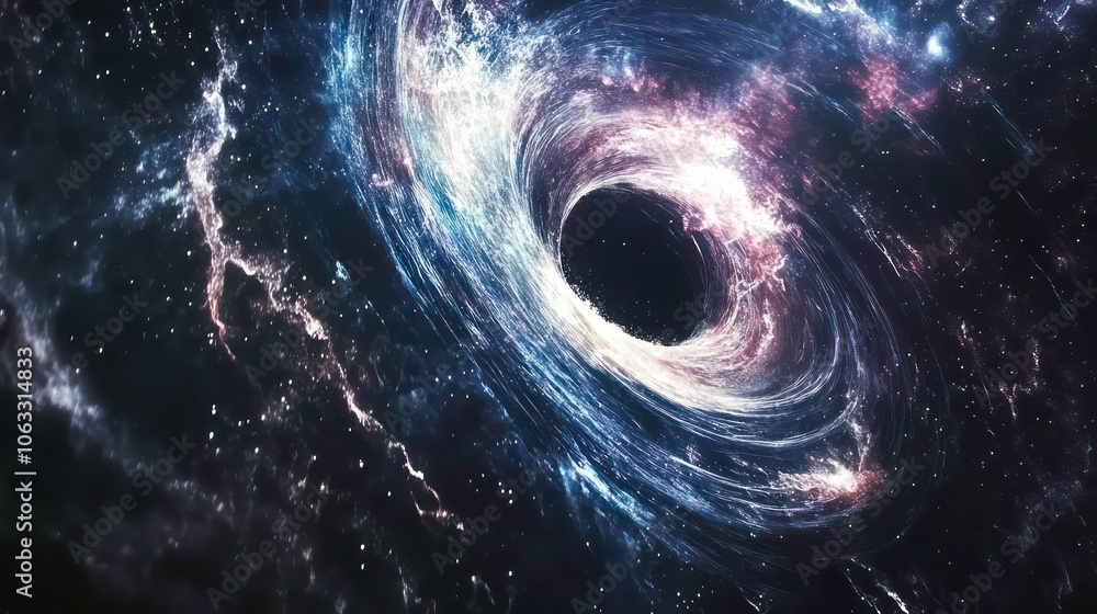 Poster spiraling cinematic rendering of a pure black hole warping light, consuming a galaxy star, and bendi