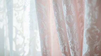 Elegant ivory lace curtains with floral patterns, softly lit from behind