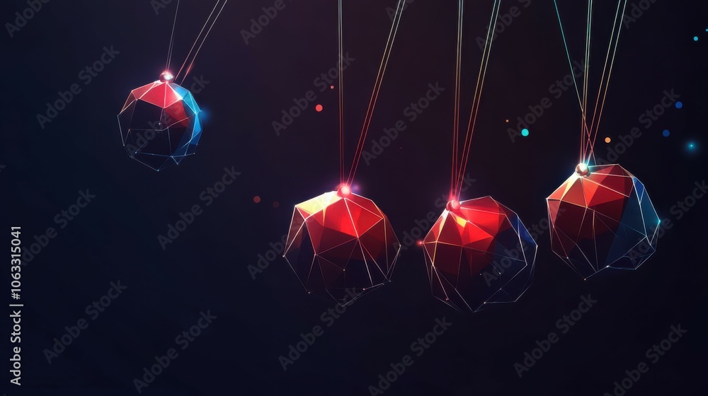 Poster pendulum newton cradle or balancing balls. polygon digital isolated vector image on dark background.