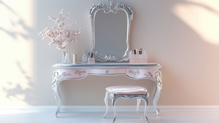 Elegant vanity set with mirror, stool, and decor in vintage style