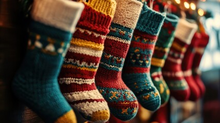 Colorful Christmas Stockings Hanging on a Mantel