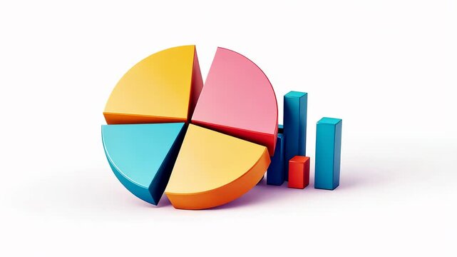 Creative 3D illustration of a colorful pie chart and bar graph,data analysis, business presentations, and educational materials.