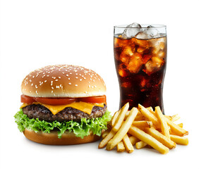 A hamburger with appetizing fillings, a refreshing iced drink, and crispy chips on the side make an ideal fast food composition. Great background for culinary and gastronomic themes.