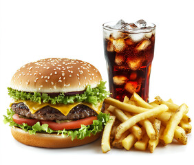 A delicious hamburger with a refreshing drink and potato chips nearby create an appetizing setup for a restaurant menu or fast food advertisement.

