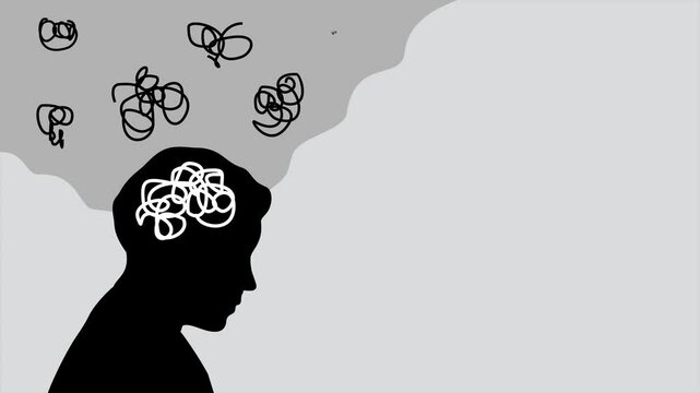ADHD Attention disorder illustration of humans head silhouette with messy lines of thinks. Mental disorder