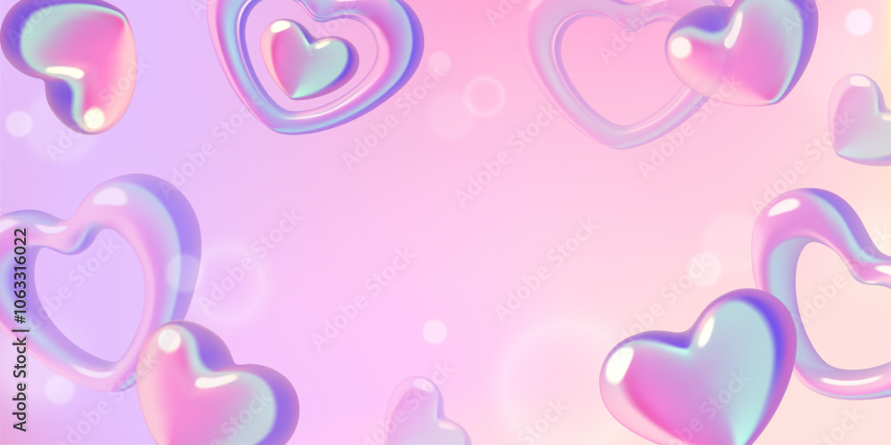 Wall mural y2k gradient hearts background with 3d holographic abstract heart shapes and bokeh effect. cute roma