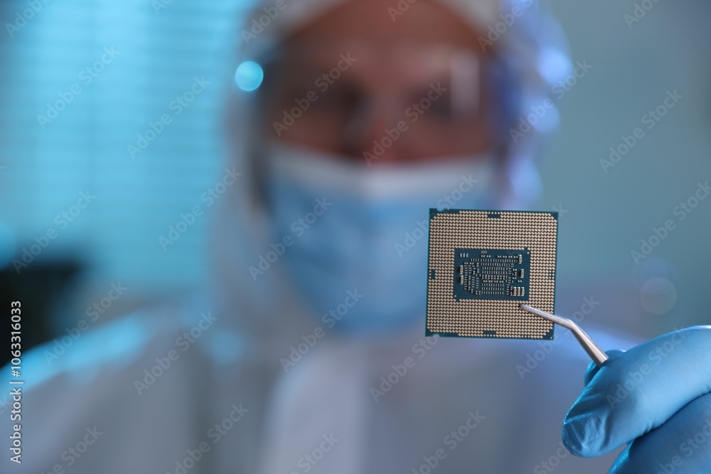 Poster man in mask holding computer chip on blurred background, selective focus