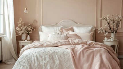Elegant bedroom with white and pink bedding, vintage nightstands, floral decor