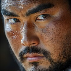 Naklejka premium Close-up of a sumo wrestler’s face, showing determination and focus