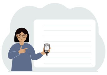 Woman holds a glucometer in his hand. The concept of blood sugar control, diabetic. Vector flat illustration