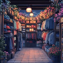 Naklejka premium Vector illustration of a cozy second-hand store with racks of clothing.