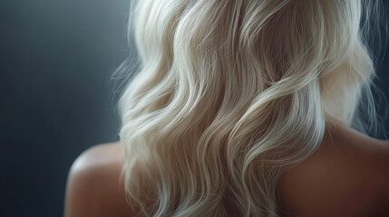 Fototapeta premium Close-up view of wavy blonde hair cascading down the back of a person, creating a soft and elegant appearance against a muted background.