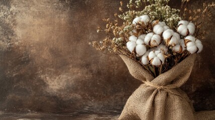Obraz premium Bouquet of dried flowers and cotton in burlap