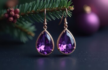amethyst earrings on a table beside a Christmas tree branch. present for New Years Eve, Christmas and winter holidays.
