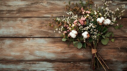 Rustic bouquet of flowers on weathered wooden surface