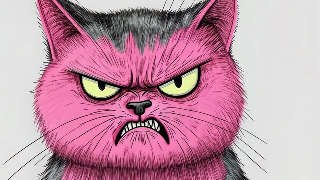 An illustration of a grumpy cat with vibrant pink and gray fur