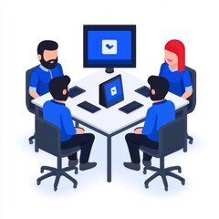 A group of four professionals in a meeting around a table with digital devices.