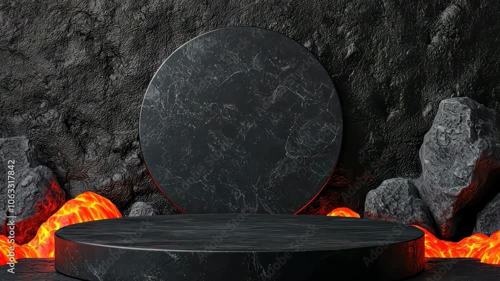 Poster dark minimalistic backdrop with a circular platform surrounded by glowing lava rocks,showcasing prod