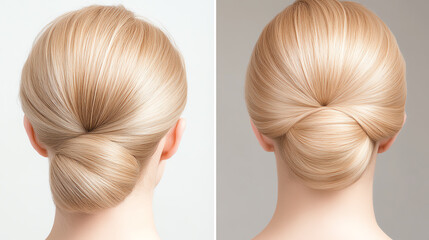 Naklejka premium Elegant hairstyle featuring a smooth blonde bun, showcasing a polished and sophisticated look suited for formal occasions or everyday elegance.