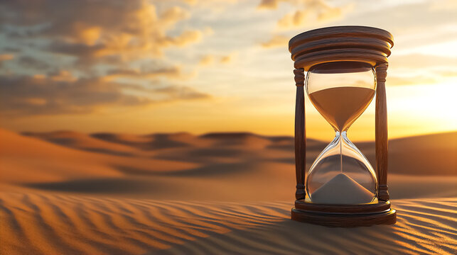 An hourglass on the desert sand, with a sunset or sunrise in the background, represents time's flow and the importance of the present moment. Perfect for themes of time, existence, and self-reflection