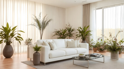 modern living room interior design with sofa and plant decoration 3d rendering