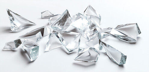 Broken glass shards on a white background create an abstract and minimalist scene. The sharp edges...