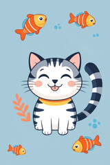 Obraz premium Striped cat with floating fish drawings on a pastel blue background, space for text