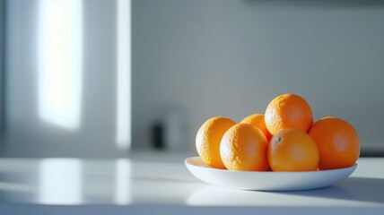 Plate filled with six bright oranges on white table