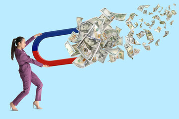 Businesswoman attracting dollar bills with magnet on light blue background. Concept of money earning
