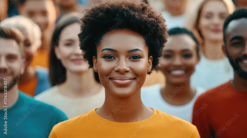 Poster a large group of diverse people of different ethnicities and ages standing together outdoors smiling