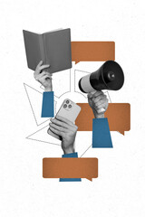 Vertical collage hands body fragments loudspeaker bullhorn announce information book reader...