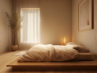 Simple, modern bedroom with platform bed, neutral colors, and stylish decor in a minimalist design.