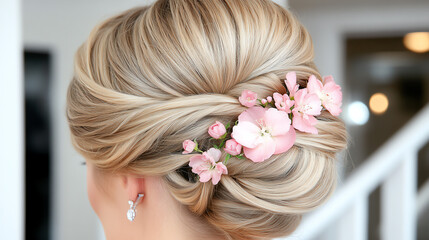 Naklejka premium Elegant hairstyle with pink flowers, perfect for weddings or special occasions, showcasing intricate braiding and a soft, romantic look.