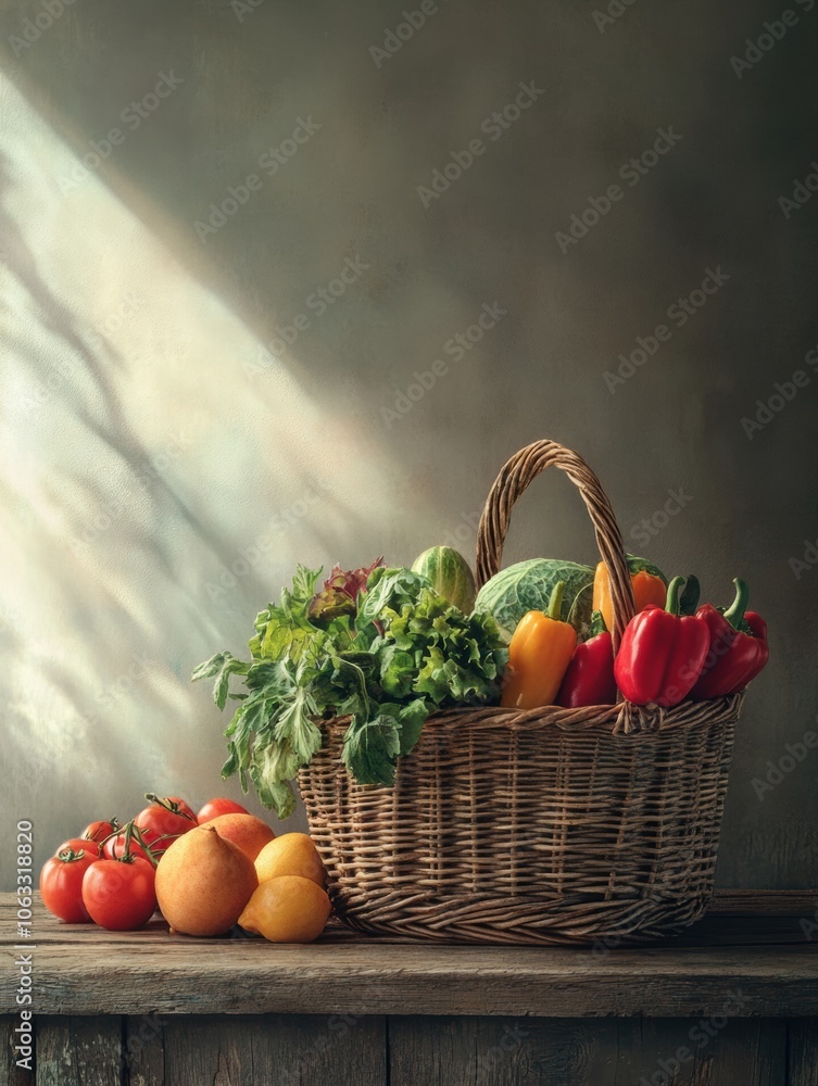 Poster a wicker basket is filled with vibrant vegetables and fruits, resting on a rustic wooden table with 
